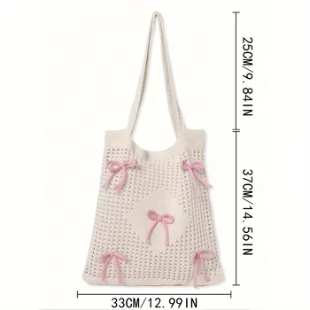 حقيبة حمل كروشيه على طراز Preppy مع لمسات فراشة، حقيبة كتف بوليستر بلون سادة، حقيبة شاطئ عصرية قابلة للطي 3