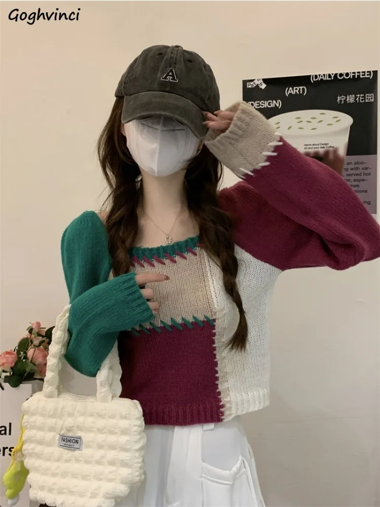 

Chic Patchwork Knitted Pullovers Women Fashion Spliced Young All-match Popular Soft Slim Leisure Tops Girls Autumn Ins New BF