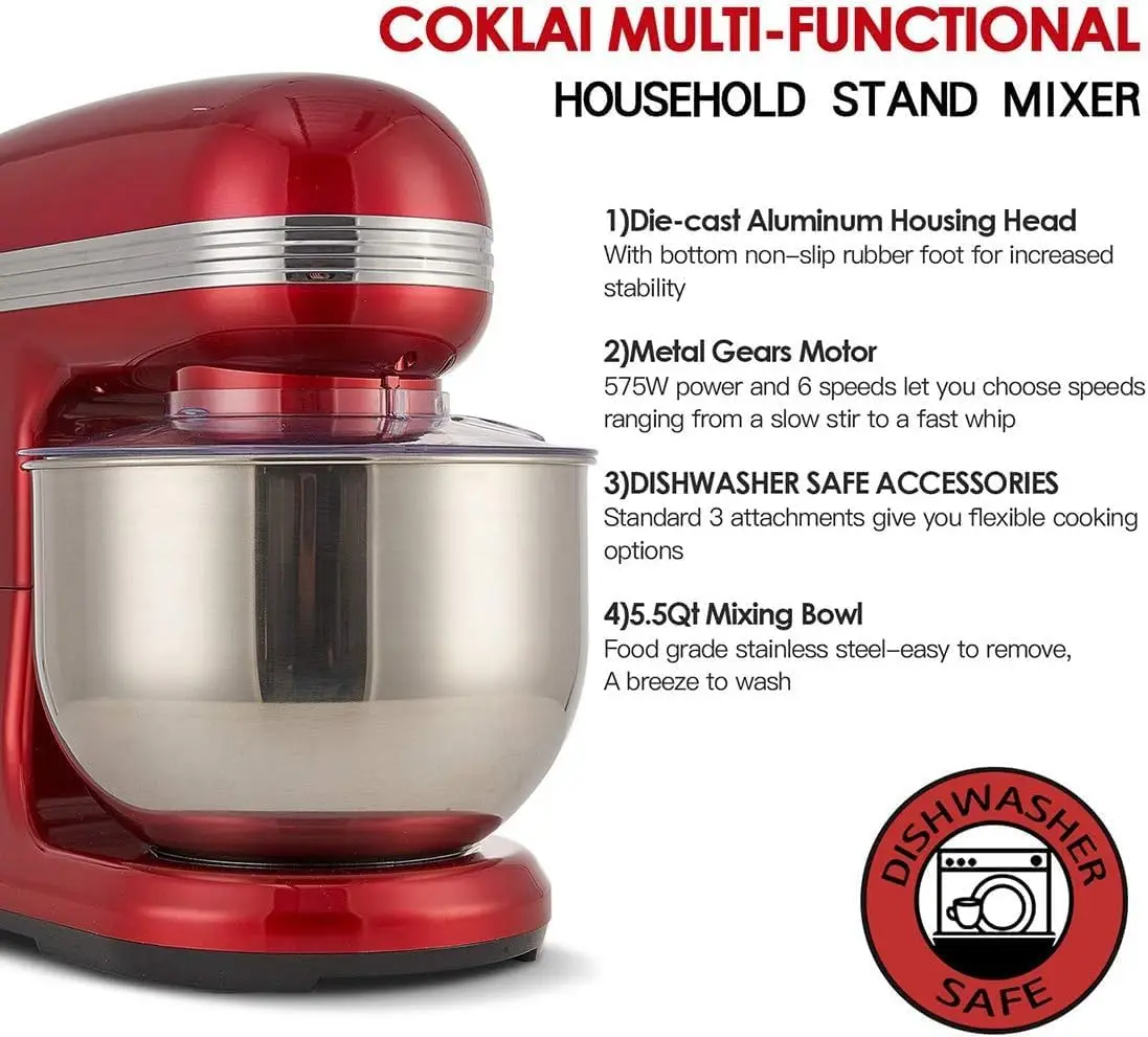 6 Speed Dough Mixer Metal Lid with Stainless Steel Bowl, Tilt-head Kitchen Mixer with Wire Whisk, Dough Hook, Flat Beater 6