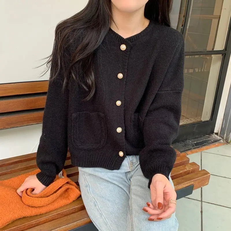 Casual Single-breasted Cardigan Autumn Winter Korean Solid Color Female Clothing Commute Basic Stylish Pockets Knitted Sweaters 3