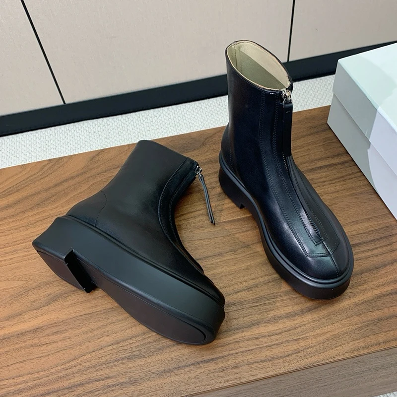 High quality Dermis Thick sole Short boots Women Front zipper Ankle high boots Flat Sloping heel shoes Casual Womens boots 5