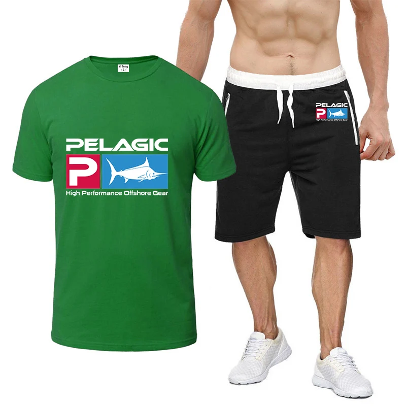 

Summer Popular Men T-shirt+Men Sport Suit Printing Pelagic Fishing Logo Casual Fashion Cotton Short-Sleeved T-shirt Set