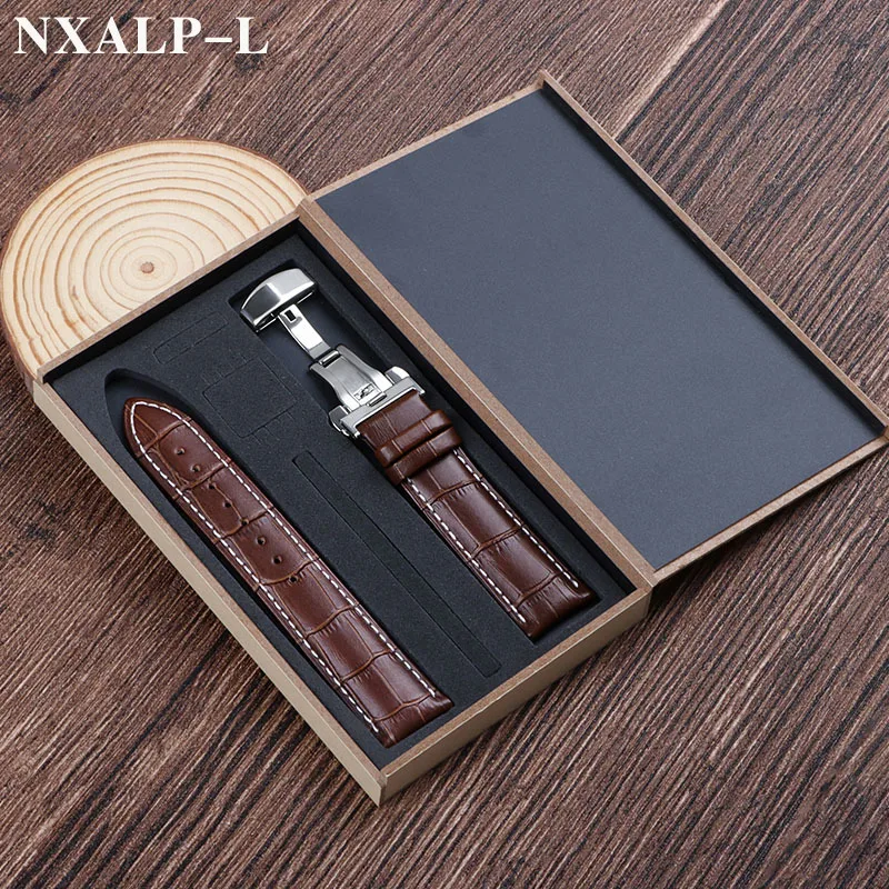 Luxurious Genuine Leather Watch Strap with Elegant Butterfly Clasp and Wooden Gift Box