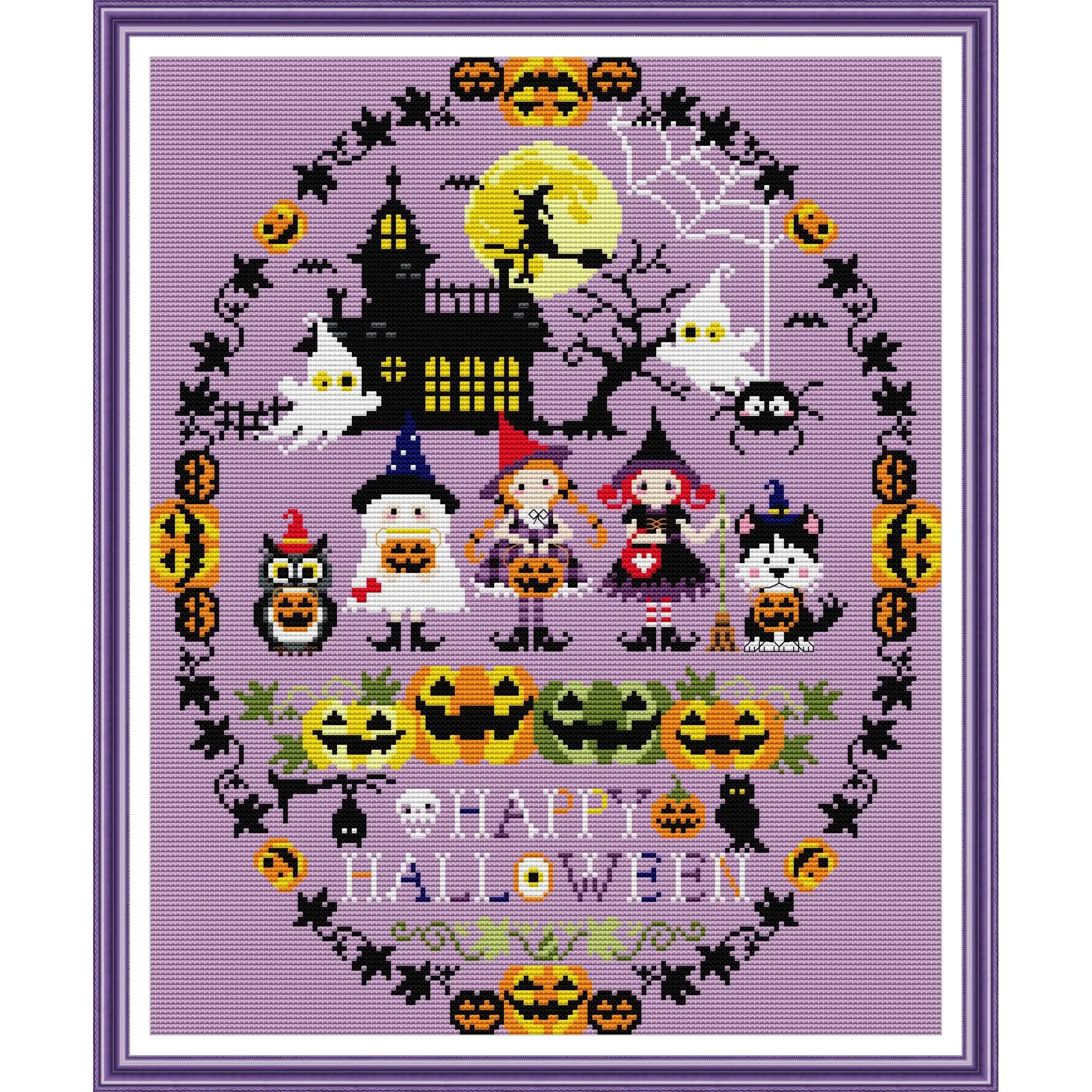 Joy Sunday Pre-printed Cross Stitch Kit DIY Easy Pattern Aida 14/11CT Stamped Fabric Embroidery Set-Happy Halloween