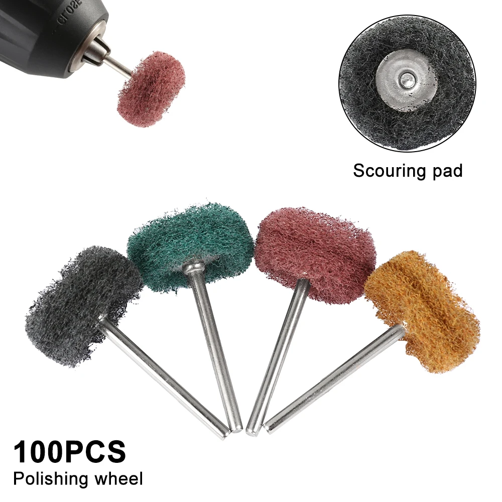 100pcs Scouring Pad Brush Nylon Abrasive Brush Fiber Grinding Sanding Head Buffing Polishing Wheel for Dremel Accessories Tools