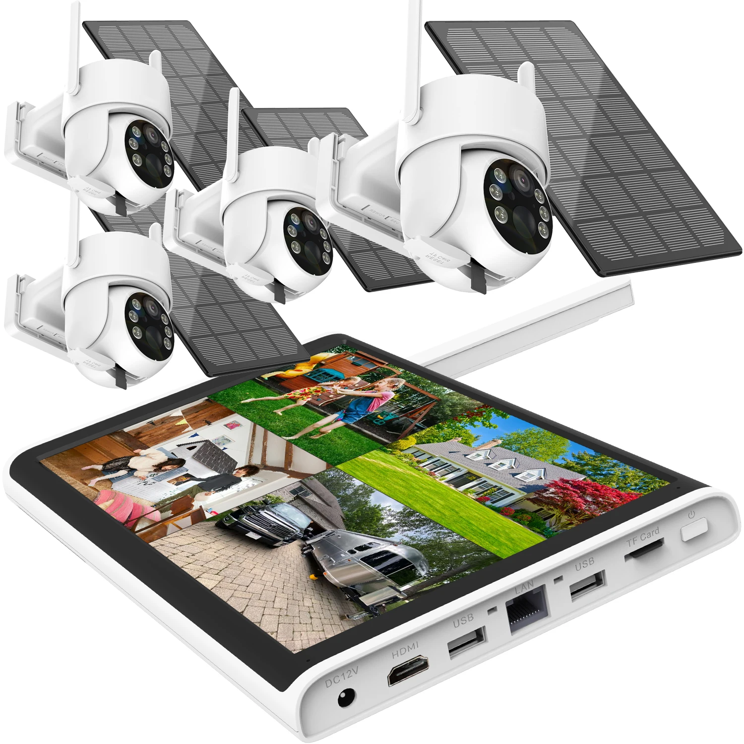4MP Güneş Enerjili Kamera Sistemleri Dış Mekan 8 Kanallı 10 inç LCD Monitörlü NVR Kiti, 4 Adet Pille Çalışan Kamera ve 2.4G WiFi CCTV Güvenlik Seti