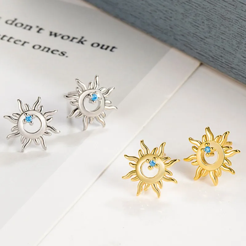 Hollow Sun Totem Blue Zircon Stud Earrings for Women Minimalism Classic Earring Wedding Party Jewelry Gifts