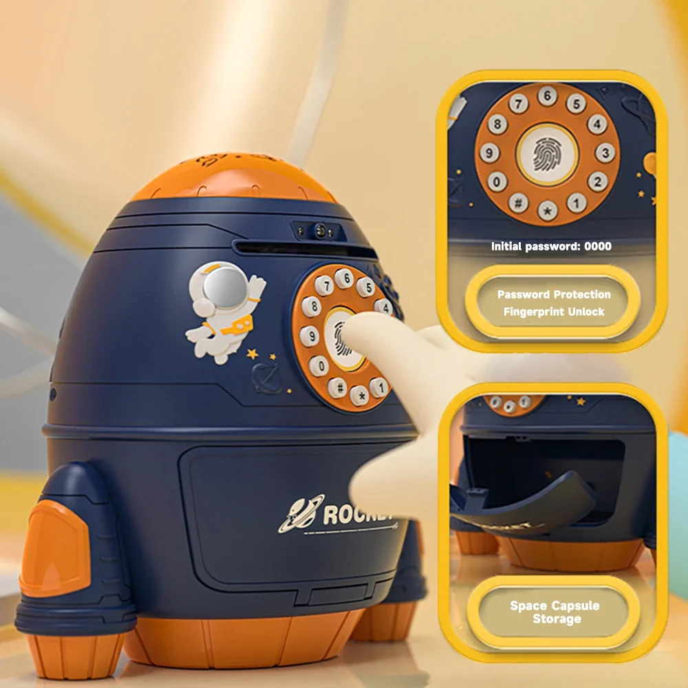 Cute Children Piggy Bank Space Rocket With Projection Music LED Cash Box Plastic Electronic Password Coin Money Box Kid Gift Toy