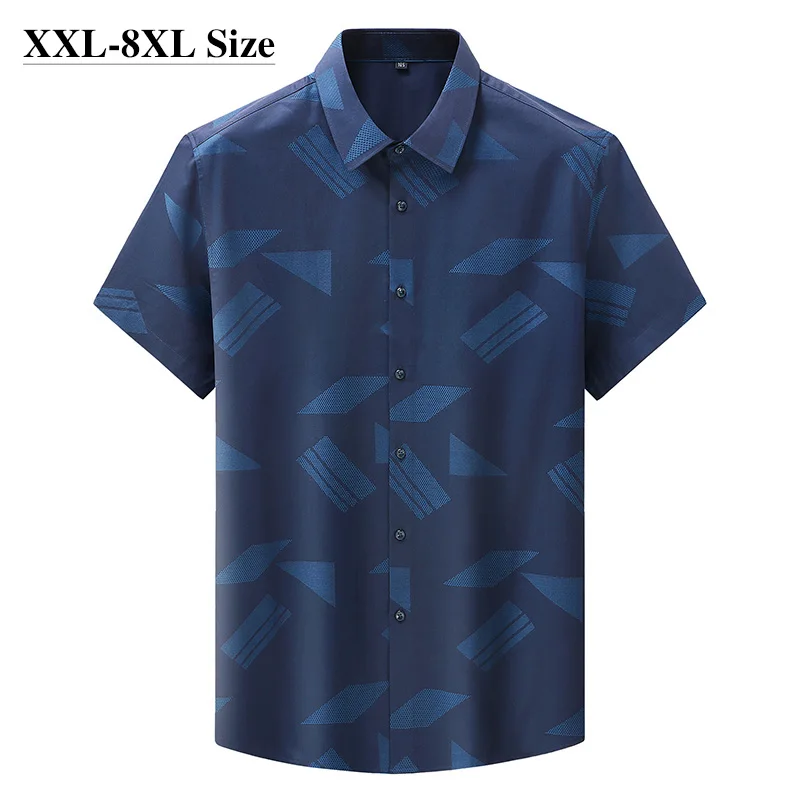 

Plus Size 6XL 7XL 8XL Lyocell Fabric Men's Short Sleeve Shirts Summer Loose Business Casual Color Block Print Shirts Male