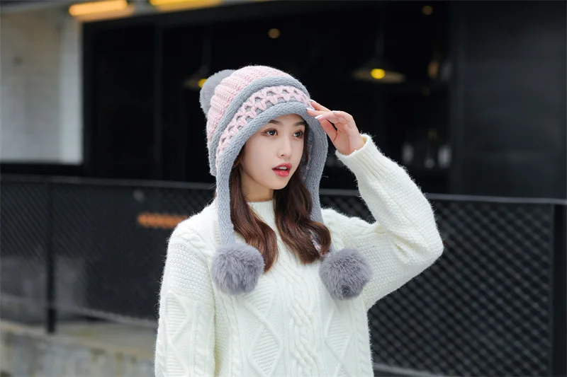 Neue Gestrickte Hut Dicke Warme Earflap Hüte Schal 2Pcs Set Fleece Gefüttert Ball Bommel Skullies Beanies Frauen Winter kaninchen Fell_voghion.com
