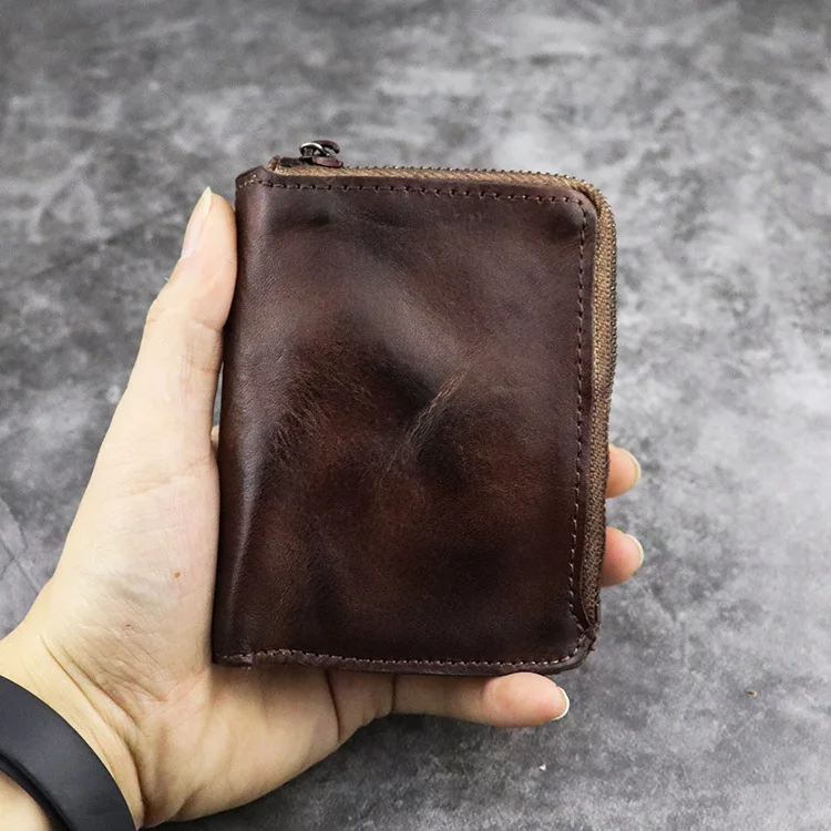 Vintage Double Zipper Large Capacity Wallet with Multiple Card Slots in Vegetable-Tanned Leather