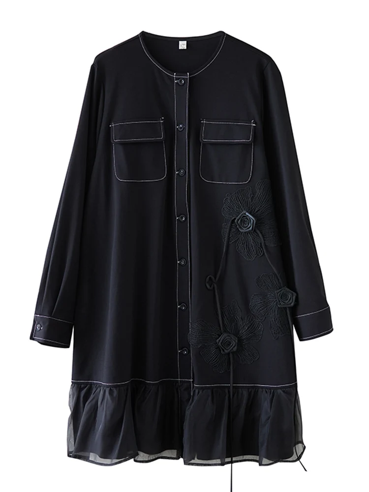 Long Sleeve Patchwork Mesh Oversized Shirt Dresses For Women New Loose Casual  Midi Dress Elegant Clothing Spring Autumn 2025