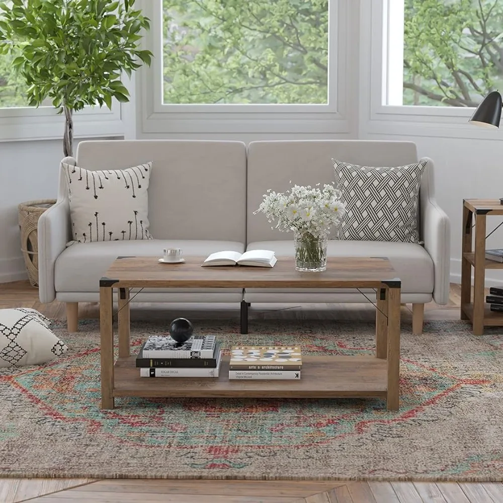 

Coffee table 2 tiers - rustic oak engineered wood frame - criss-cross black metal side brackets and corner trims