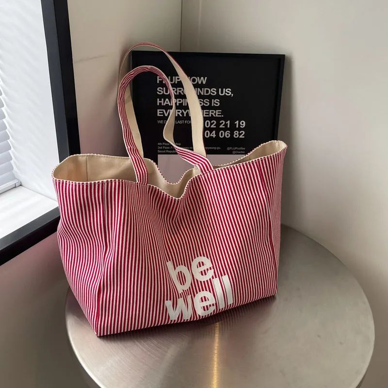 Casual Large Stripe Women's Shoulder Bag 2026 New Fashion Commuter Tote Bag High Capaci Canvas Handbag for Youth bolso mujer