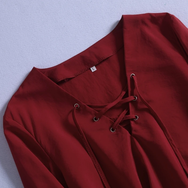 

Womens Long Sleeve Shirt Deep V-Neck Lace Up loose Blouse Cropped Tops