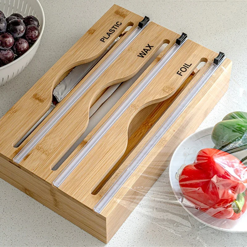 1pc Cling Film Cutter Minimalist Wall Mounted Wooden Kitchenware Multi Compartment Multi Layer Dispenser kitchen Two Way Cutter