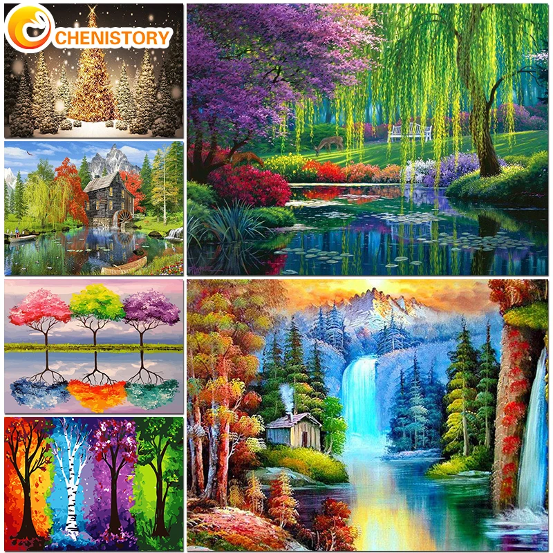 

CHENISTORY DIY Picture By Number Tree Kits Drawing On Canvas Painting By Numbers Scenery Hand Painted Crafts For Home Wall Decor