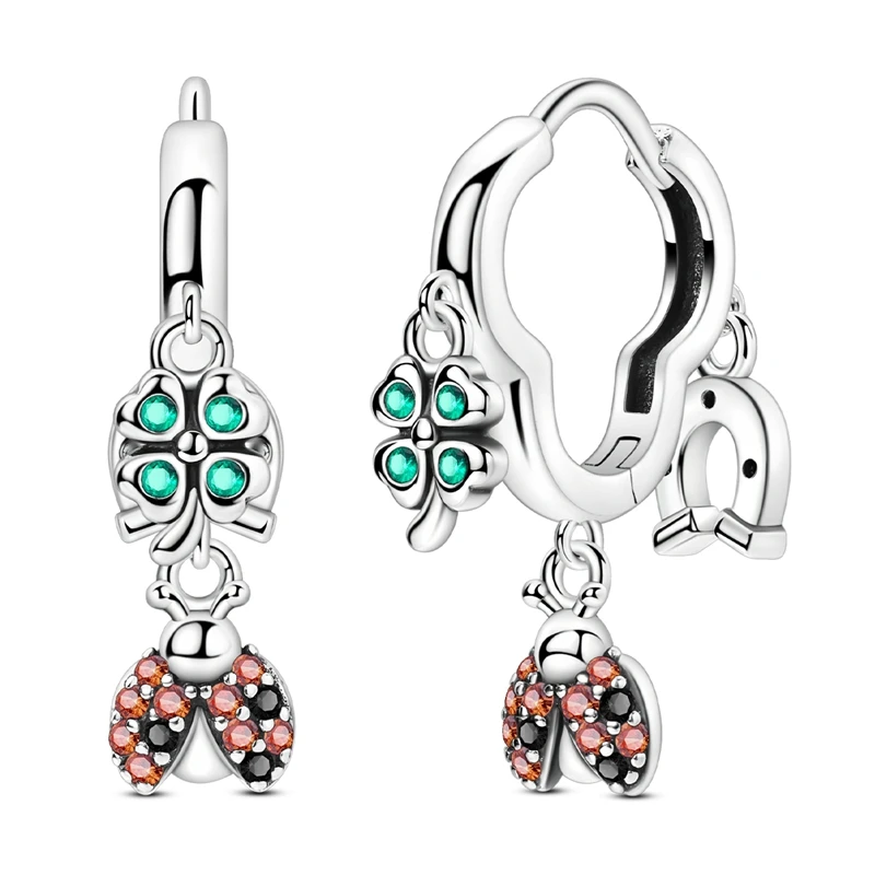 S03825925de9a4512a33dc7a3641a4110O Original 925 Sterling Silver Green Clover Ladybug Earrings Women Zircon Ear Studs Hoop Earring Anniversary Jewelry Gift Mallzona