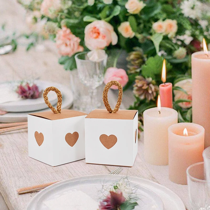10/50pcs White Brown Heart Candy Gift Boxes Wedding Birthday Party Favors for Guests Baby Shower Chocolate Cookie Packaging Box
