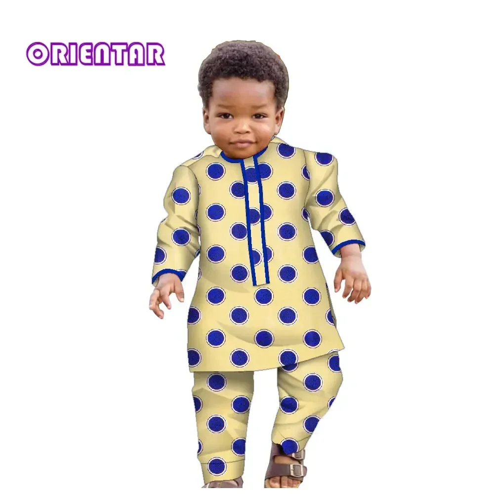 Children Costume Ankara Fashion Floral Print Boy Suit 2 Pcs Set Long Sleeve Shirt and Pant African Clothes Dashiki Outfit