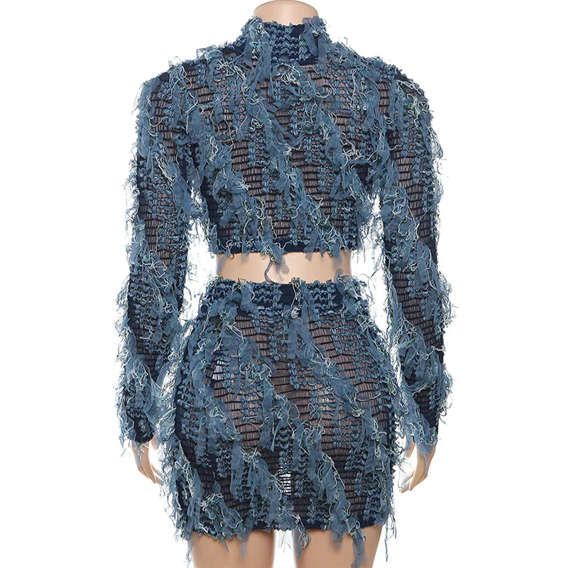 Mesh Tassel Two Piece Set Women 2023 Autumn New Long Sleeve High Collar Crop Tops High Waist Short Skirts Streetwear Outfit