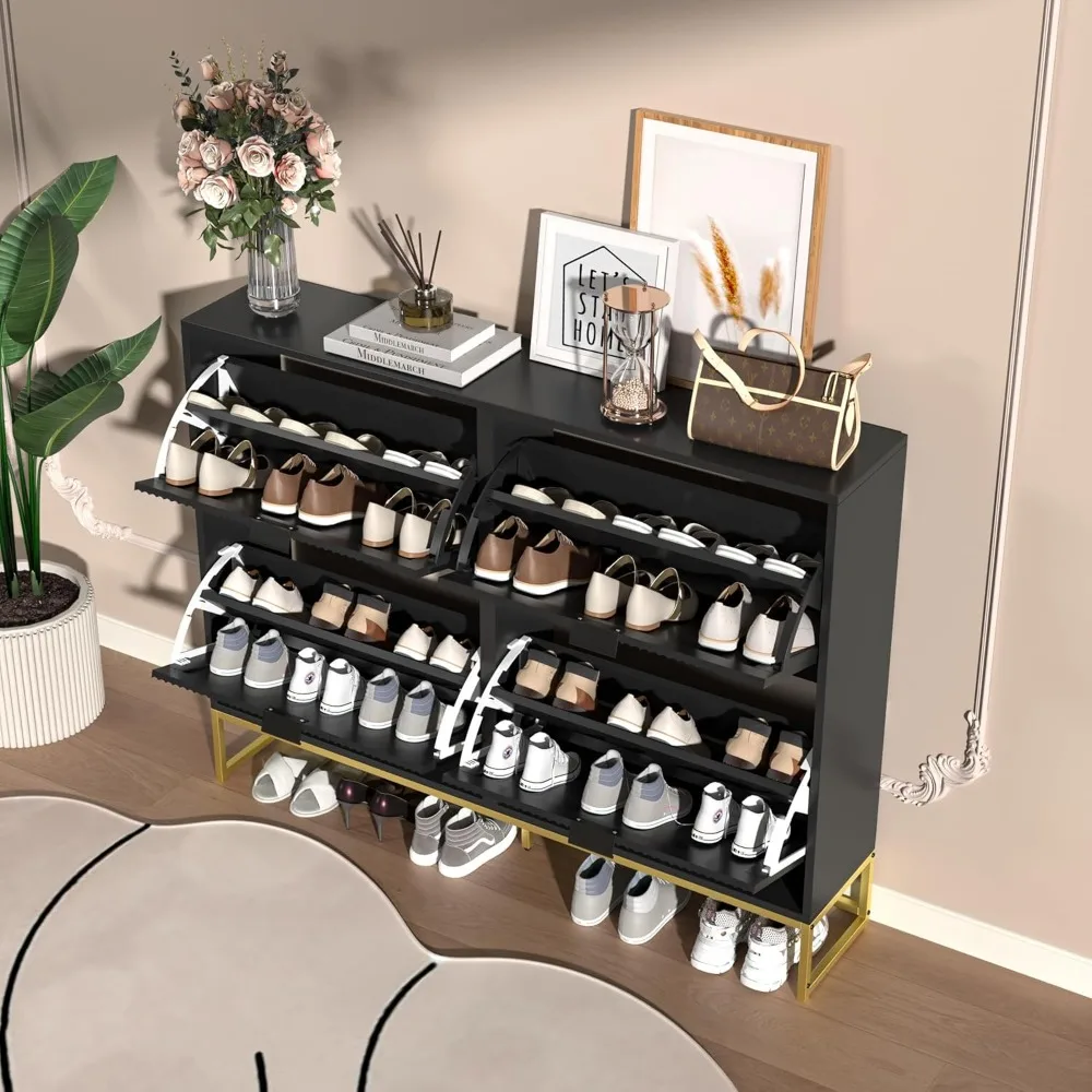 Shoe Cabinet Storage for Entryway, Modern Slim Shoe Organizer, Tipping Shoe Cabinet with 2 Flip Drawers Fluted Panel, 6