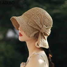 

Parent-child 100%Raffia Bow Sun Hat Wide Brim Floppy Summer Hats For Women Beach Panama Straw Dome Bucket Hat Femme Shade Hat