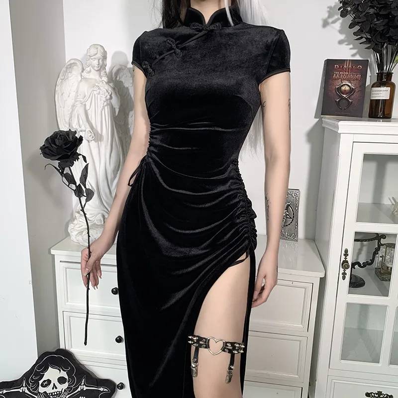 Chinese Stand Collar Gothic Dress Cheongsam Dresses Vintage Women Black Bandage Slit Hem Sexy Evening Qipao Dress Long Vestidos goth dark cyber gothic desert walker hooded dresses y2k punk grunge hollow out midi dress women sexy split side solid streetwear