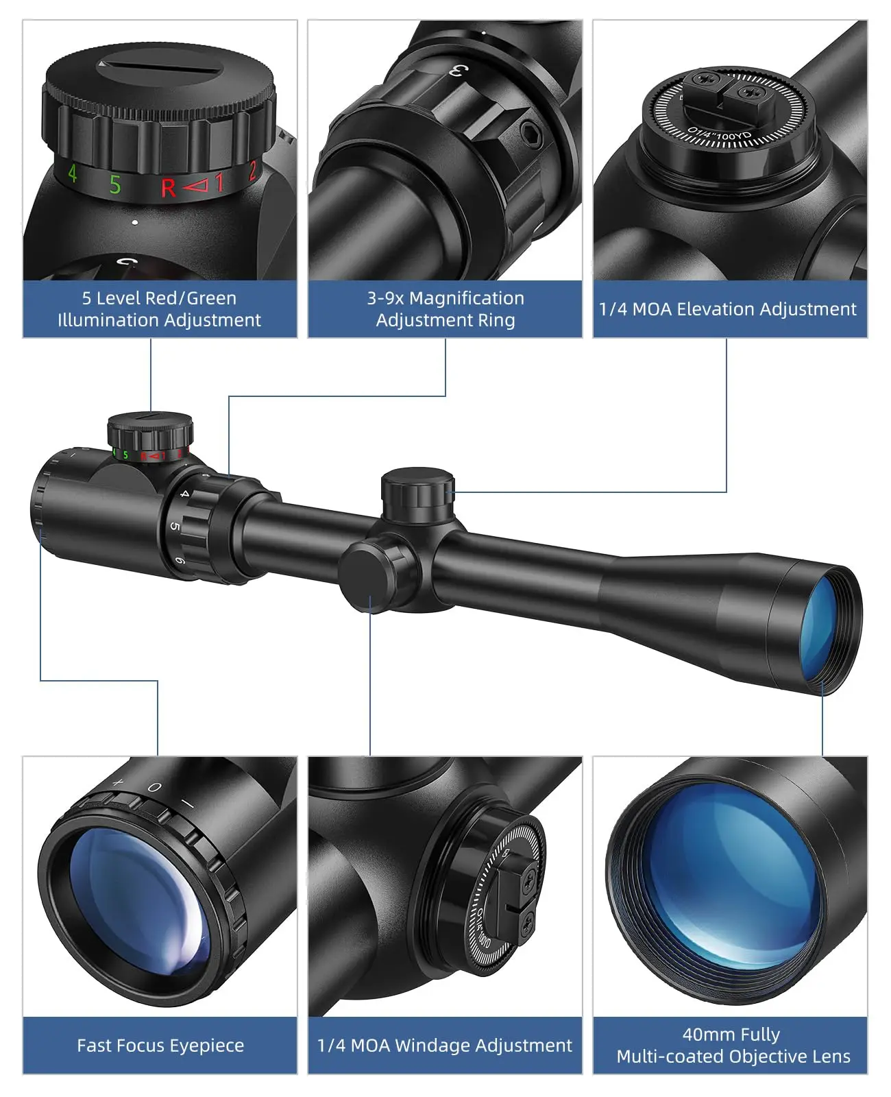 EZshoot 3-9x40 Rifle Scope Red Green Illuminated MOA Airsoft Optical Riflescope with 11mm Dovetail or 20mm Picatinny Rail Mount