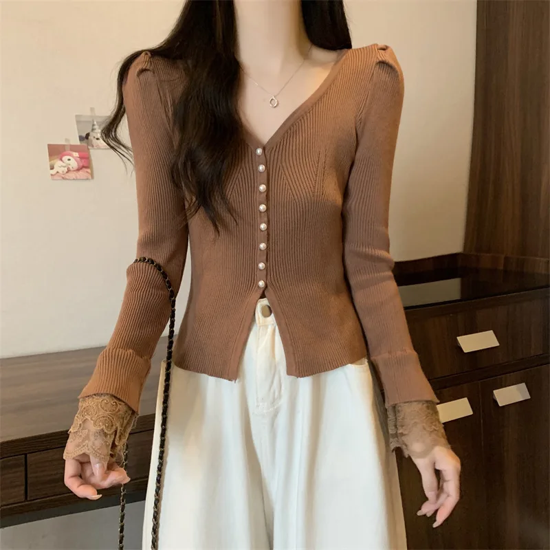 Women Long Sleeve Lace Knitted Sweater Autumn Spring Cardigan