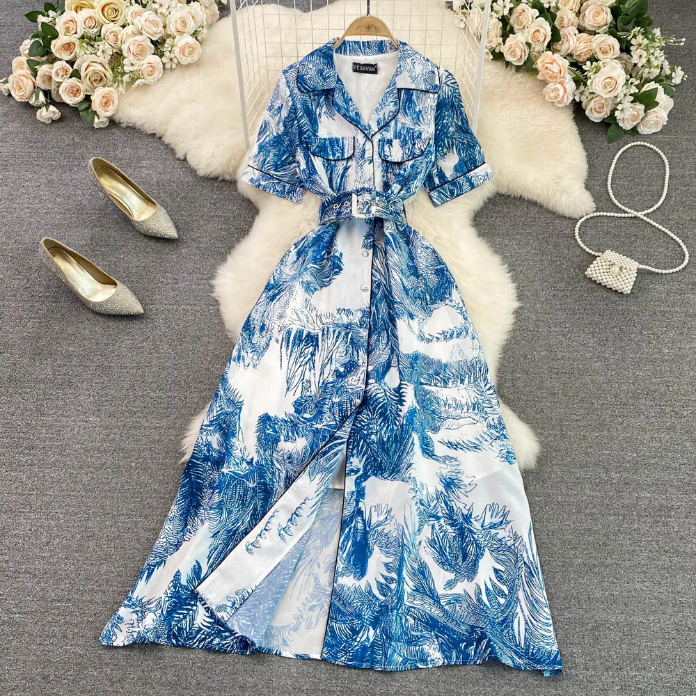 

Summer Retro Ink Print Suit Collar Women Dress Waist Slim Slit Elegant Dresses for Women High Quality