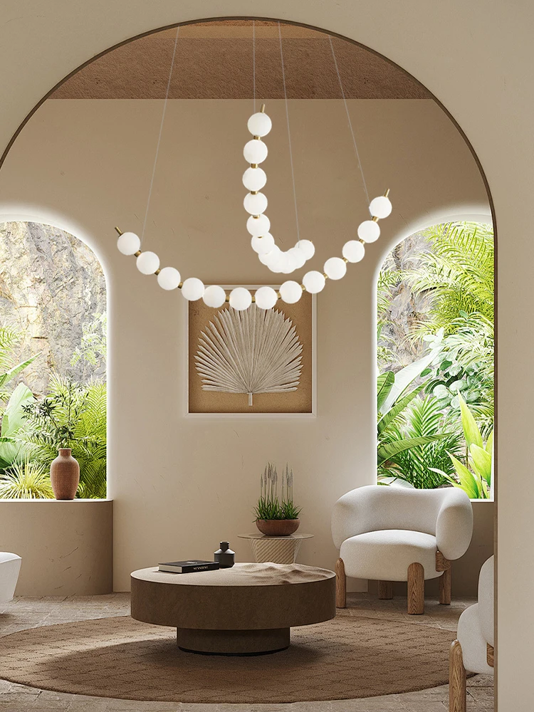Post-modern Art Designer Creative White Beads Necklace Chandelier Hotel Lobby Restaurant Pendent Ceiling Lamp Brass