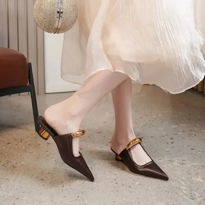 Punk Gothic Metal Buckle Low Heels Sandals Women 2024 New Pointed Toe Thick Heeled Summer Slippers Woman Platform Muller Shoes 5