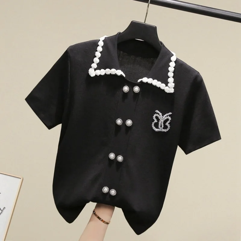 

Short sleeve t-shirt for women, knit fabric Cardigans, short sleeve, polo tees, loose Jumpers, black color Tops