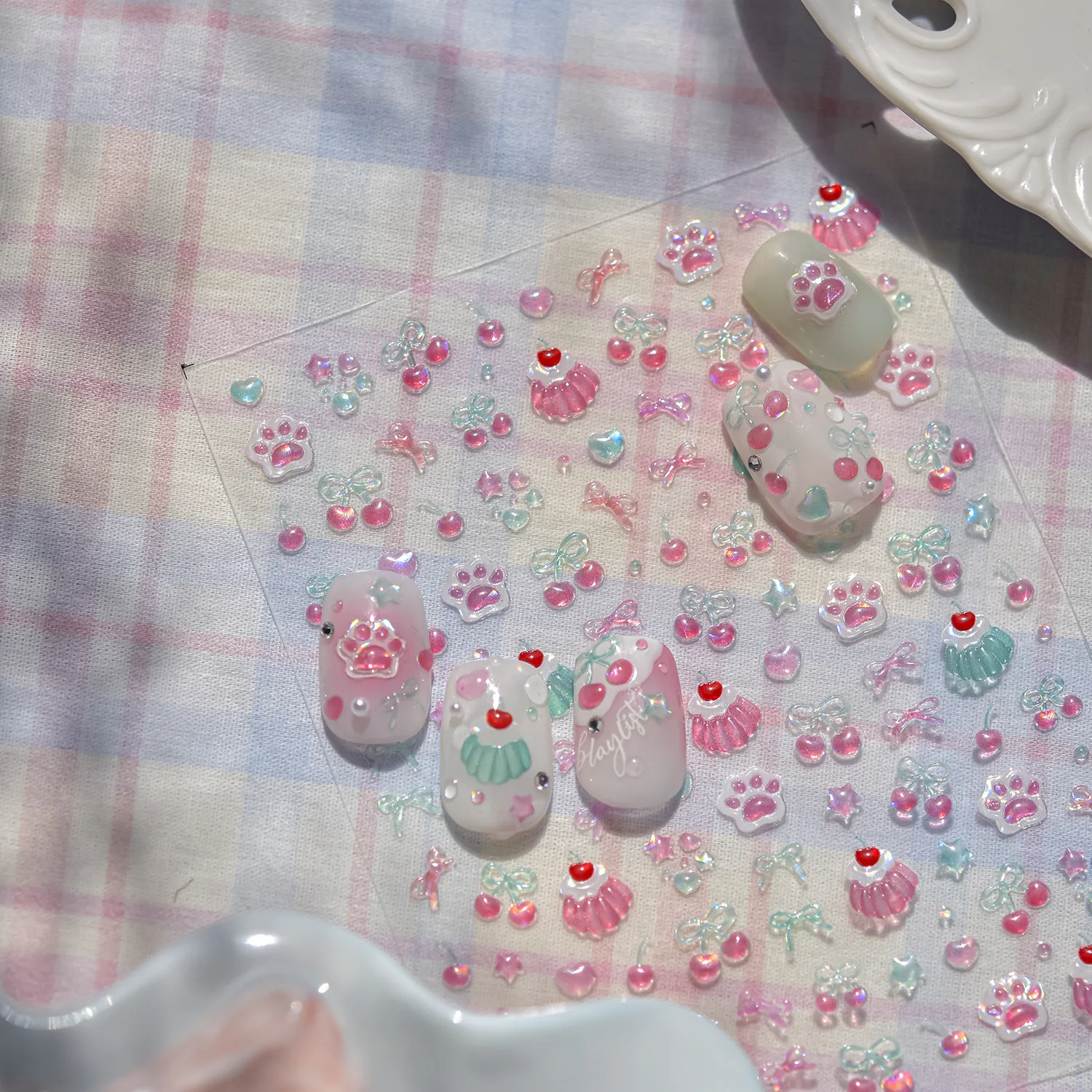 1pcs 5D 젤리 네일 스티커 디저트 과일 체리 핑크 클로 프린트 보우낫 러브 네일 아트 스티커 접착제 매니큐어 데칼 DIY