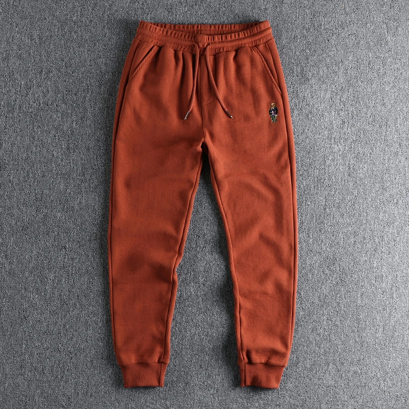 Autumn American Simple Waffle Embroidery Sweatpants Men\'s Fashion Pure Cotton Loose Elastic Waist Drawstring Sport Casual Pants