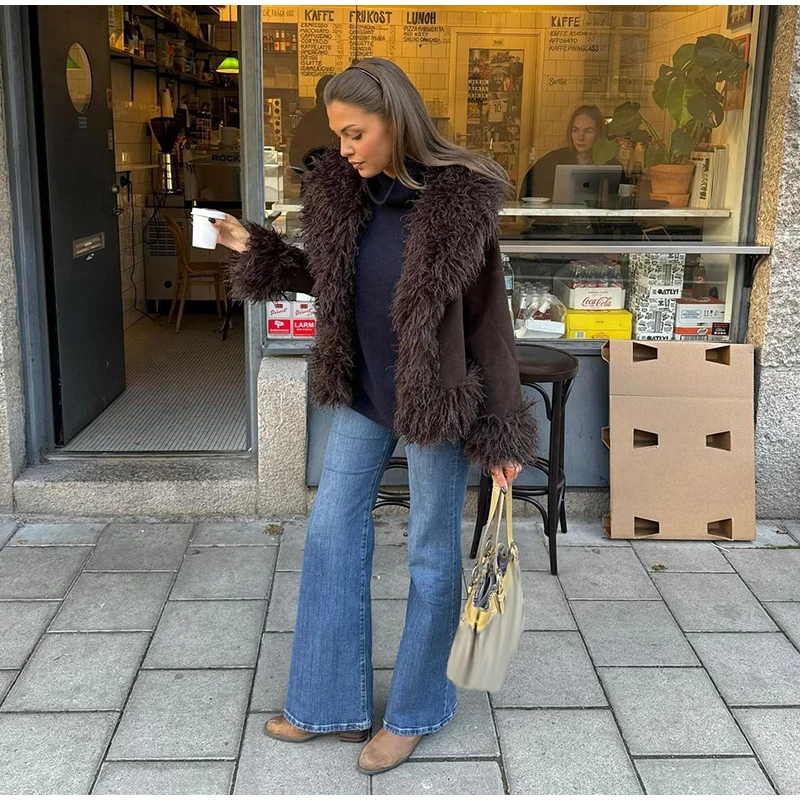 Plüsch Faux Pelze frauen Mäntel Elegante Pelz Revers Volle Hülse Verdicken Mantel Weibliche 2025, Herbst Winter Mode Warme dame Streetwear – Detail 6