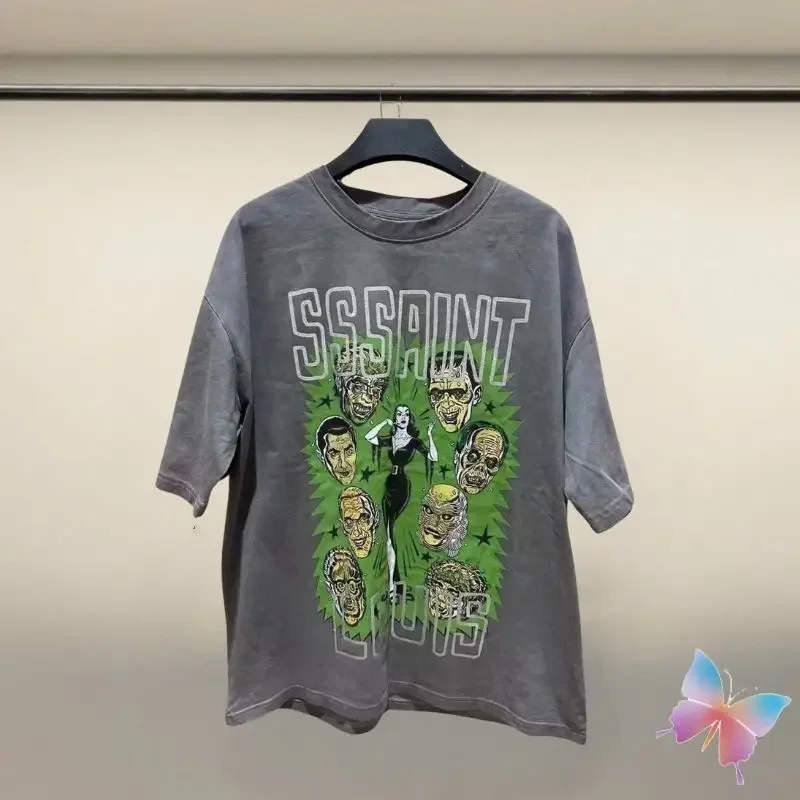 

Washed Grey Saint Michael Tshirts High Quality Cotton Evil People Short Sleeve Men Women Vintage Streetwear Oversized T-shirt