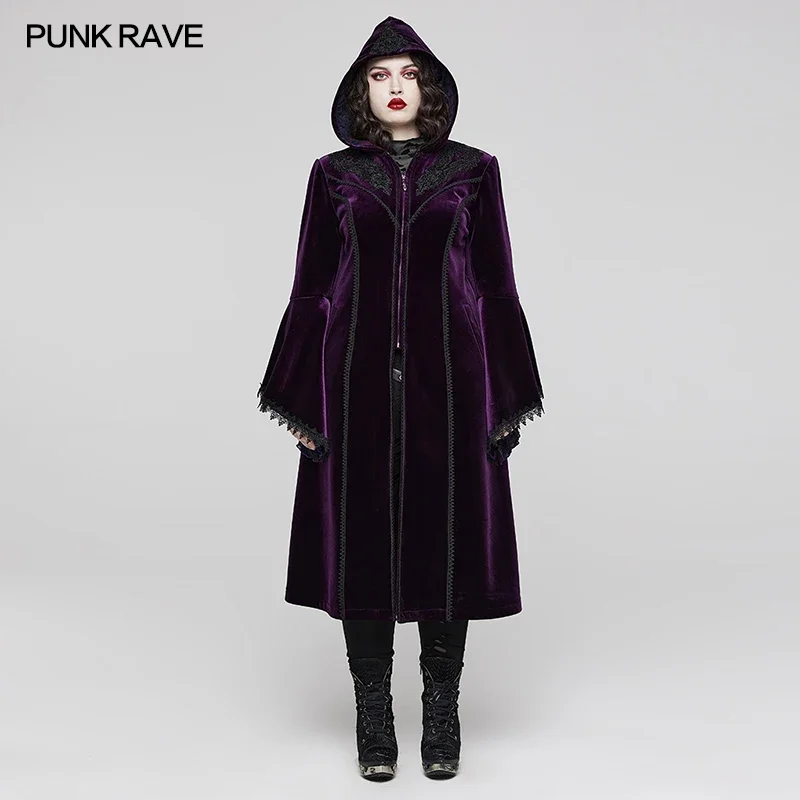 

PUNK RAVE Women's Gothic Gorgeous Velvet Warm Coat Symmetrical Shoulder Decal Decoration Purple Women Clothes Winter