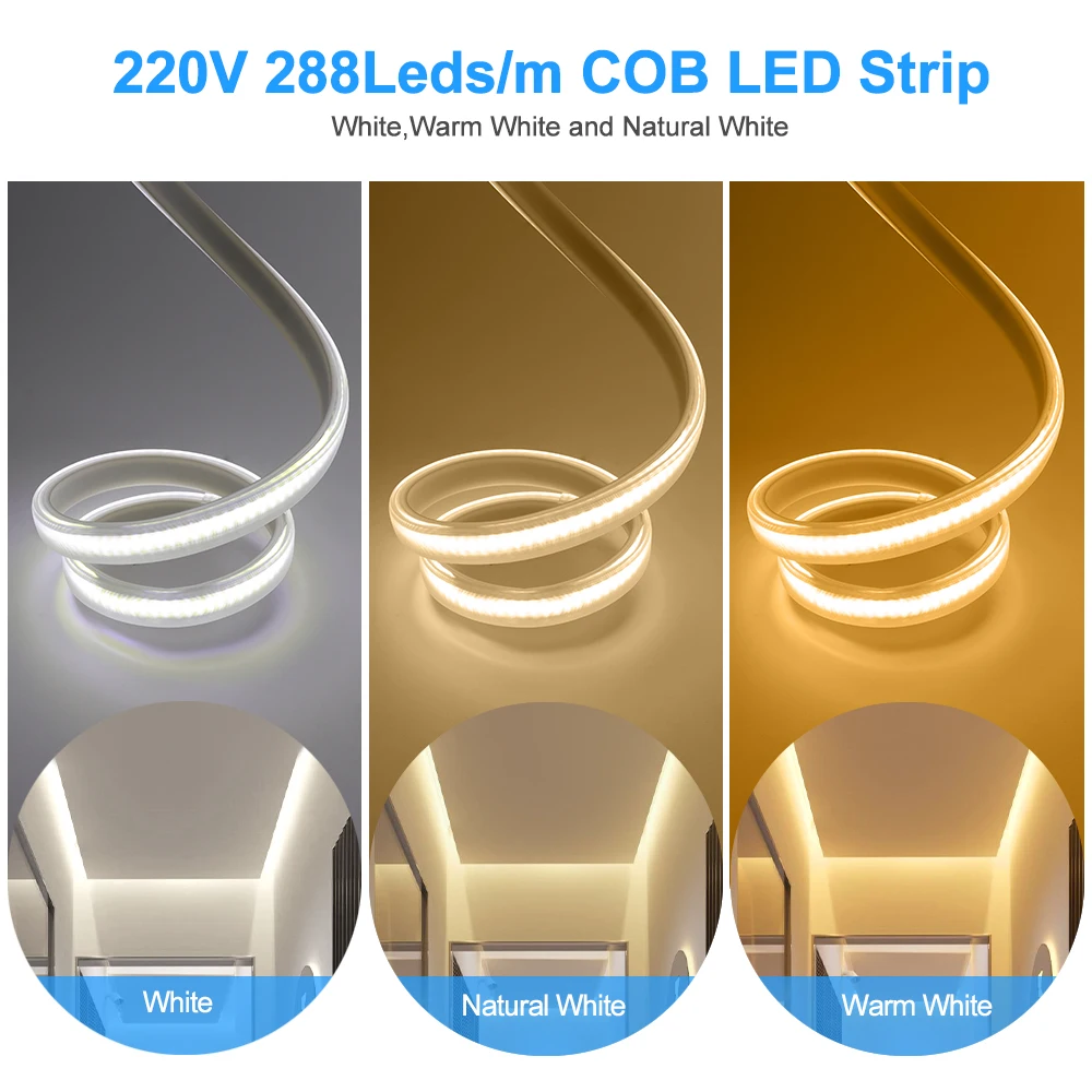 COB LED Strip with Switch Power Plug EU 220V US 110V COB LED Tape  Waterproof Outdoor Decor 288Leds/m Flexible Ribbon FOB Lights - AliExpress