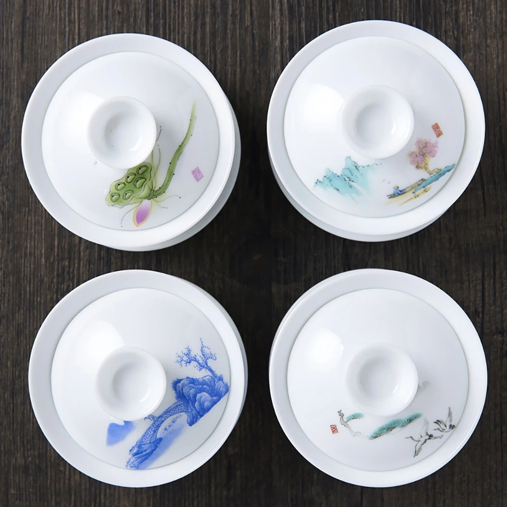 Hand Drawn China Gaiwan Persimmon Porcelain Tureen Jingdezhen Gaiwan Tea Set Chinese Tea Cups Chawanmushi Bowl Lid