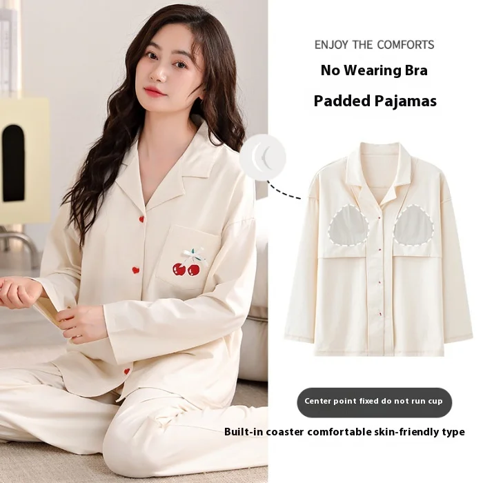 2024 Nouveau Automne Tricoté Coton avec Tapis de Poitrine Col Doux Cardigan Manches Pantalon Long Vêtements de Nuit Ensemble Femme Vêtements de Maison_voghion.com