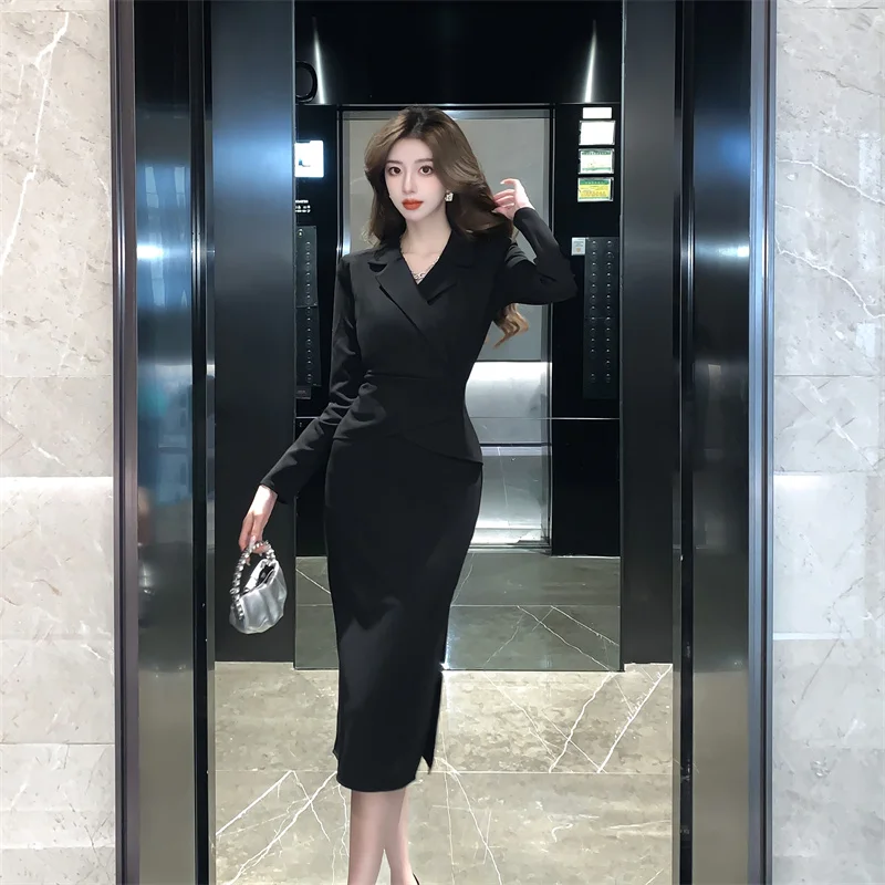 New Elegant Autumn Winter Purple Office Ladies Midi Dress French Women  Notched Collar Long Sleeve Bodycon Slim Split Clothes - AliExpress