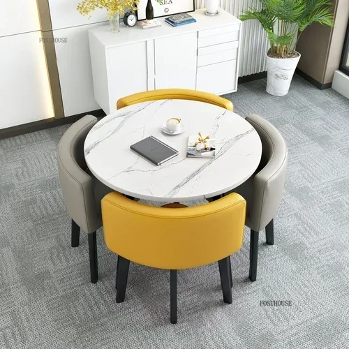 Conjunto de mesas de jantar redondas nórdicas, móveis para sala de jantar, cozinha, conjunto de mesa de jantar com 4 cadeiras, luz para casa, mesas centrais de luxo 34