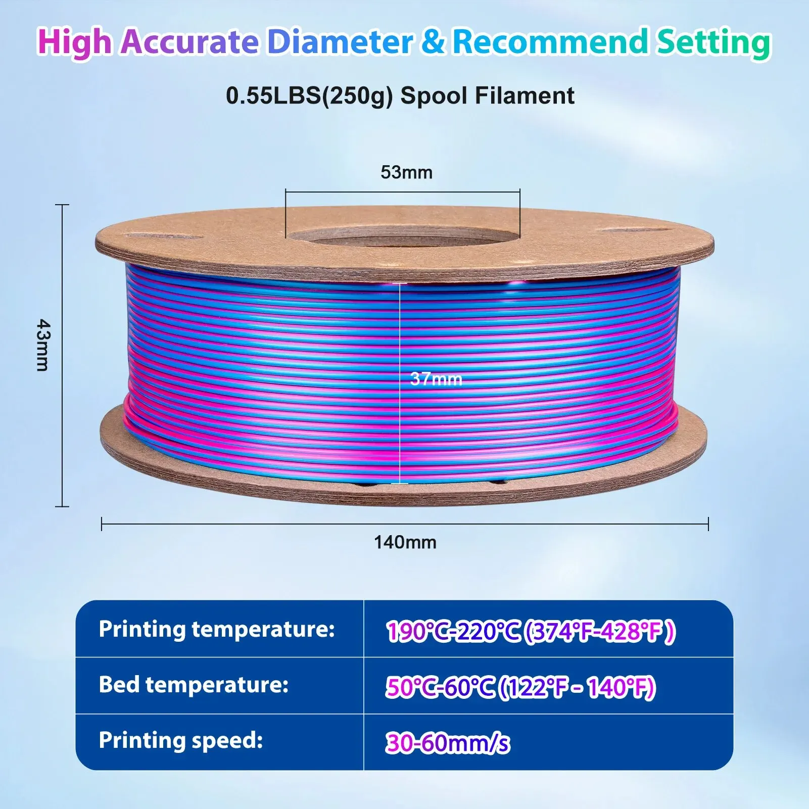 실크 PLA 3D 프린터 필라멘트, 트리플 컬러 실크 PLA 필라멘트, 250g, 3 인 1 컬러, 로즈 레드 스카이 블루 그린, 1.75mm