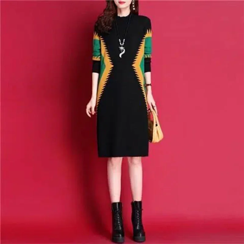 Women's Clothing Jacquard Wool Dresses 2023 Autumn Winter Long Sleeve Slim Fashion Soft Dress Female Pullover Retro Knit Tunics 2020 new cashmere scarf knitted plaid wool pashmina women autumn warm neck wraps luxury brand female shawls plus size 200x70cm