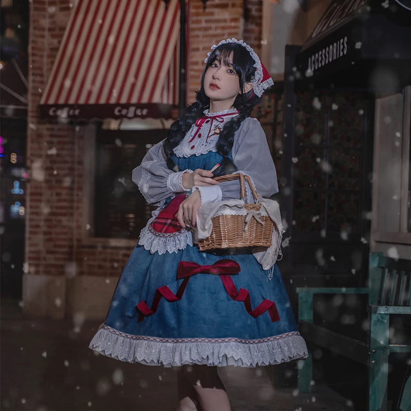 

Embroidered Lolita Dress Thickened Long Sleeve Winter Christmas New Year Maid Style Loli Op With Kawaii Little Apron