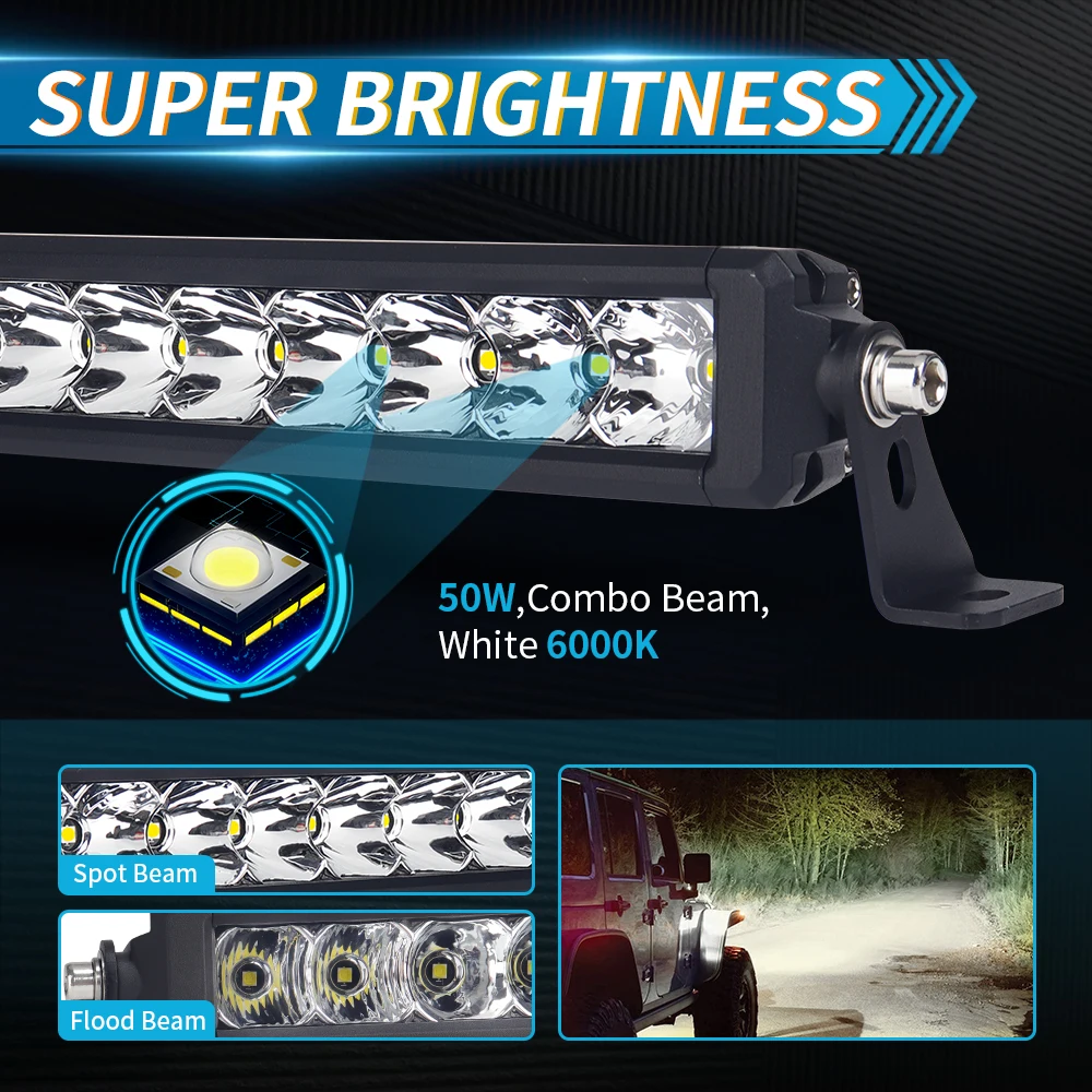 LED 라이트 바 12인치 50W 오프로드 LED 스팟 플러드 콤보 작업등 운전 안개등 IP68 트럭 자동차 ATV UTV SUV 보트용