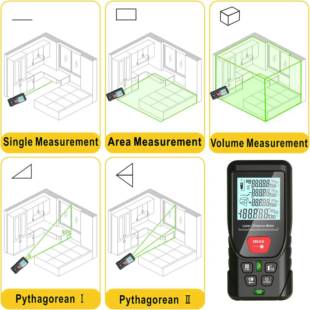 Laser rangefinder Distance meter Laser Meter Green Laser beam Digital Tape 50m 100m 120m Distance Meter 2 Bubbles Leveling High Accuracy Rangefinder