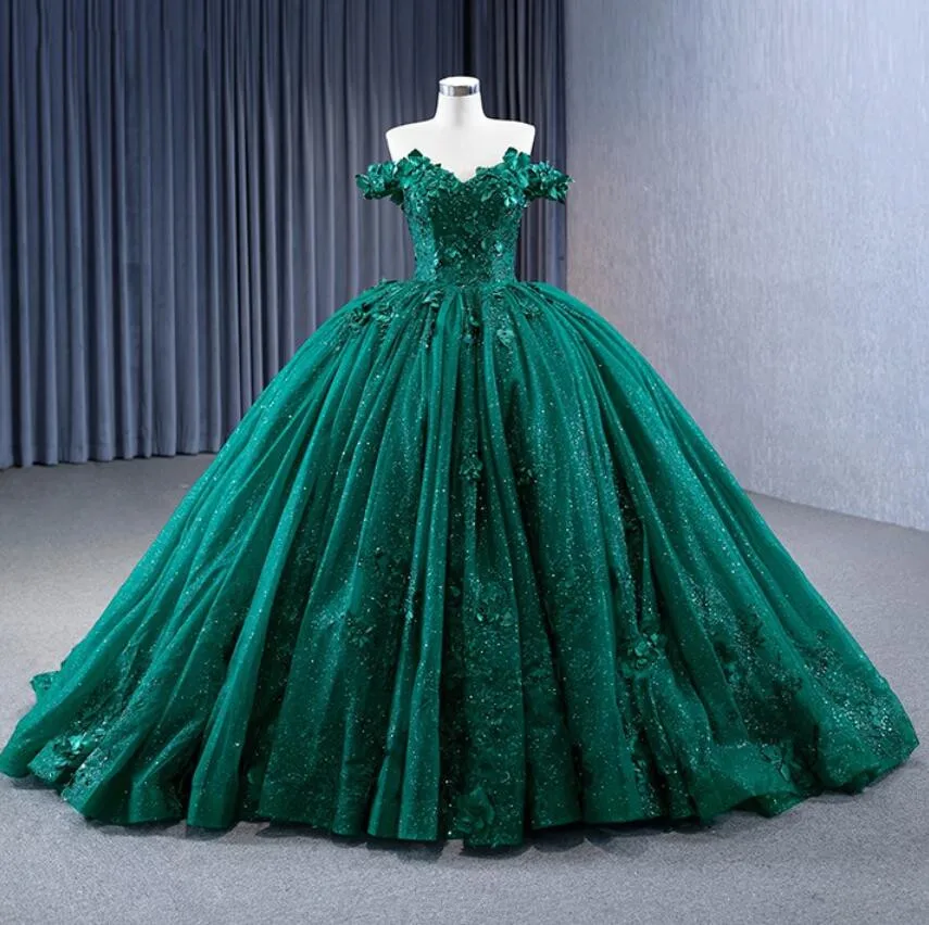 

Emerald Green Sparkly Ball Gown Quinceanera Dresses Off Shoulder 3D Floral Gillter Skirt Sweet 15 vestidos verde esmeralda